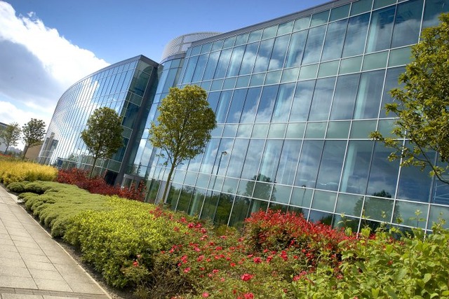 An angled, daytime view from the walking path towards the full glass facade of one of Cobalt Park business park’s office buildings. Bushes and trees line the path between the building and the path. Image at PrimeOfficeSpace.co.uk.
