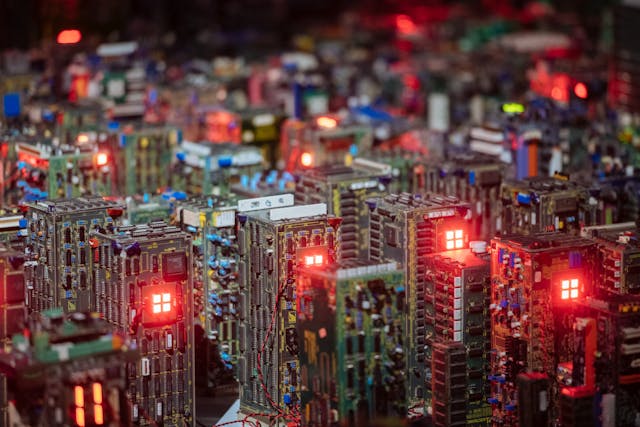 A close-up view of a computer circuit board. Some of the components have bright red lights on them and when seen from a distance the image is reminiscent of a futuristic, densely packed cityscape. Image at PrimeOfficeSpace.co.uk.